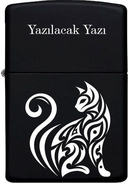 Kedi Desenli Kişiye Özel Isimli Benzinli Siyah Metal Çakmak 2