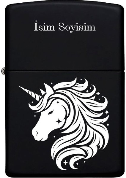 Unicorn Desenli Kişiye Özel Isimli Benzinli Siyah Metal Çakmak