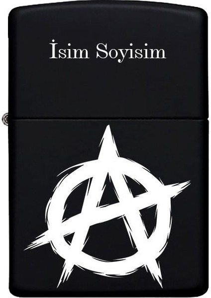 Anarchy Desenli Kişiye Özel Isimli Benzinli Siyah Metal Çakmak
