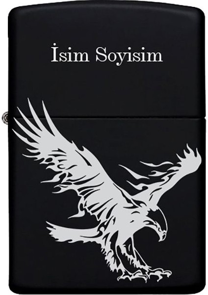 Kartal Desenli Kişiye Özel Isimli Benzinli Siyah Metal Çakmak 3