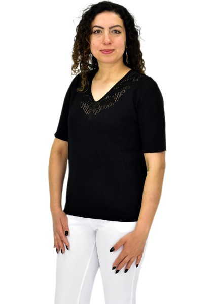 Kadın Yarım Kol V Yaka Yaka Sırt Detaylı Triko Tişöt 12835 BGL-ST04657