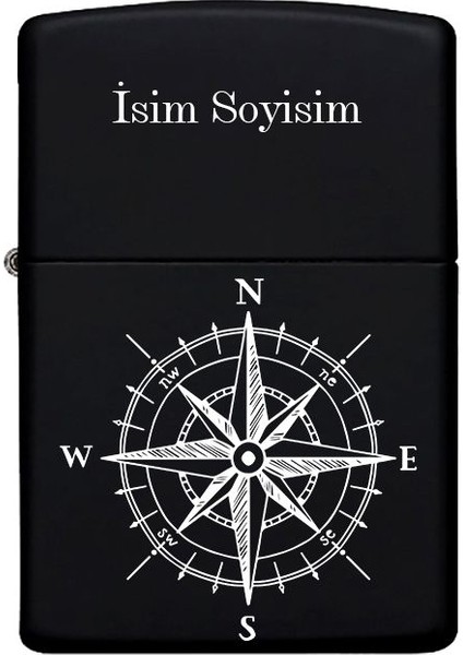 Pusula Desenli Kişiye Özel Isimli Benzinli Siyah Metal Çakmak 21