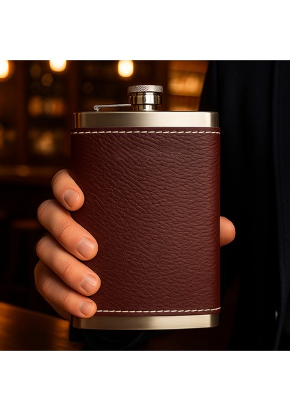 8 Oz 235 cc Hunili Kızıl Kahverengi Deri Kılıflı Çelik Viski Içki Matarası