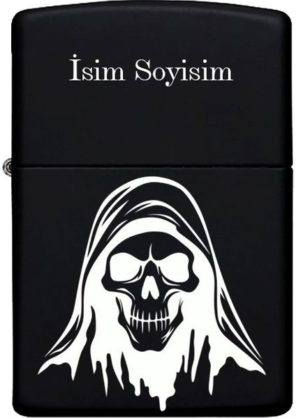 Kurukafa Desenli Kişiye Özel Isimli Benzinli Siyah Metal Çakmak