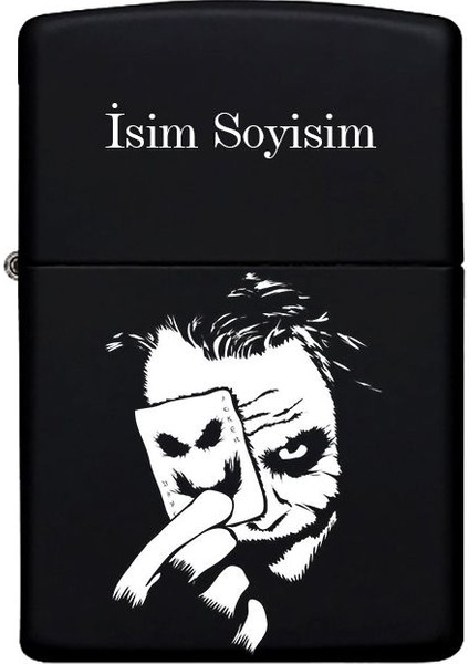 Joker Desenli Kişiye Özel Isimli Benzinli Siyah Metal Çakmak