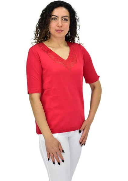 Kadın Yarım Kol V Yaka Yaka Sırt Detaylı Triko Tişöt 12835 BGL-ST04657 modelleri