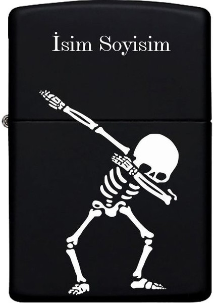 Iskelet Desenli Kişiye Özel Isimli Benzinli Siyah Metal Çakmak
