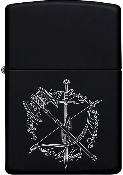 Lotr Kılıç Yay Desenli Kişiye Özel Isimli Benzinli Siyah Metal Çakmak