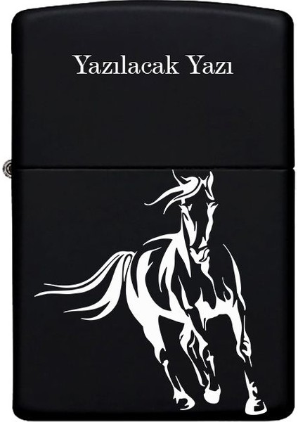 At Desenli Kişiye Özel Isimli Benzinli Siyah Metal Çakmak 20