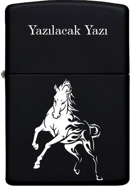 At Desenli Kişiye Özel Isimli Benzinli Siyah Metal Çakmak 40