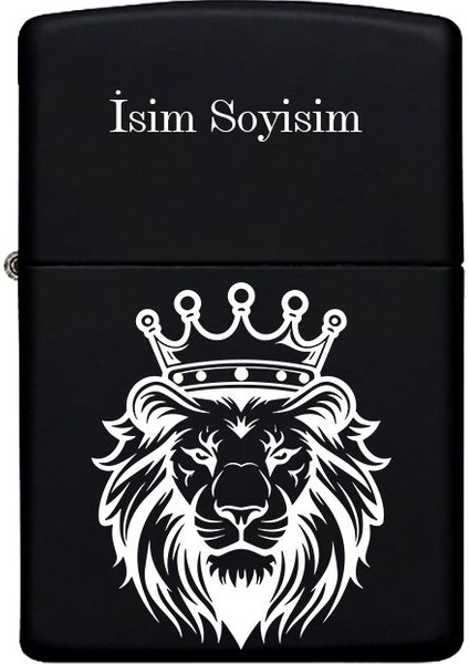 Aslan Desenli Kişiye Özel Isimli Benzinli Siyah Metal Çakmak