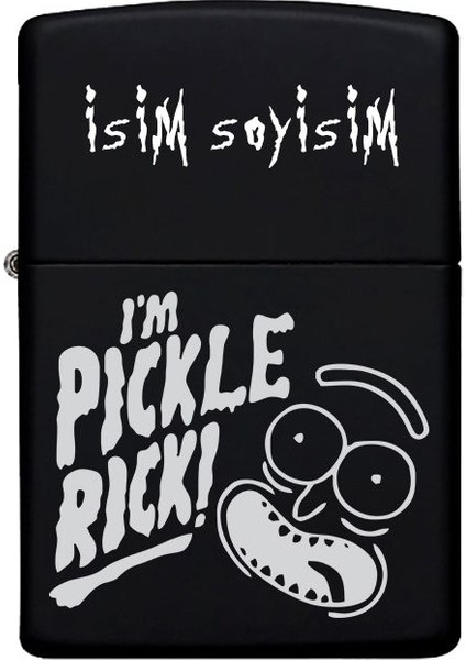 Pickle Rick Desenli Kişiye Özel Isimli Benzinli Siyah Metal Çakmak