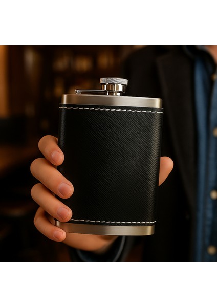 8 Oz 235 cc Hunili Siyah Deri Kılıflı Çelik Viski Içki Matarası
