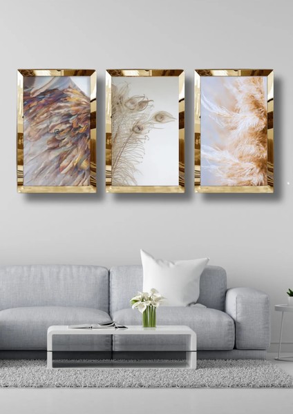 3'lü Gold Pleksi Aynalı Doğa Tablo Seti Salon Oturma Yatak Odası Ofis Antre Mutfak Için Duvar Dekoru
