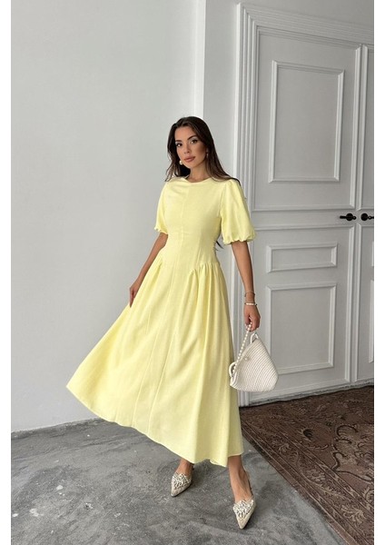 Sarı Arkadan Bağlamalı Büzgülü Keten Elbise