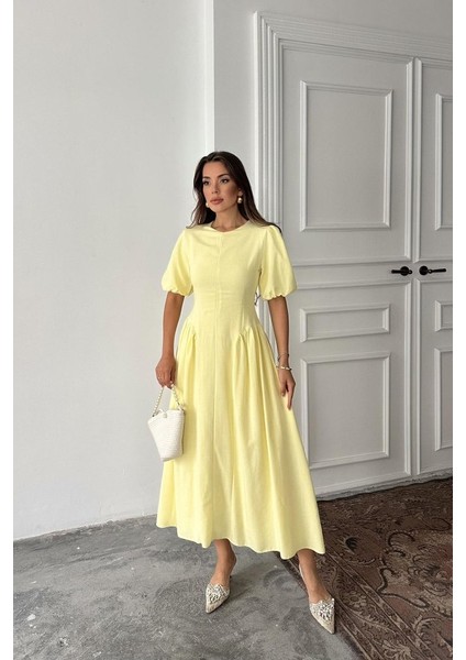 Sarı Arkadan Bağlamalı Büzgülü Keten Elbise modelleri