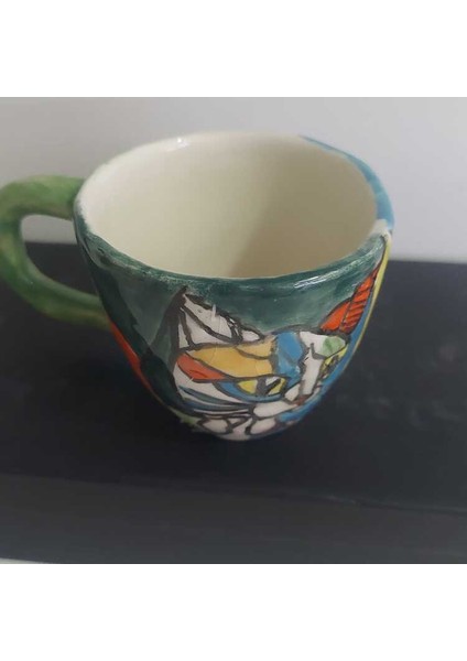 Büyük Kupa El Yapım Seramik Yükseklik 8cm Genişlik 13CM Kedili Fincan 1 Adet