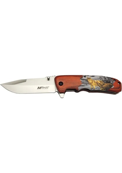 Y 12K Kahverengi Kamp Çakı 215CM - Yarı Otomatik Kemerlikli Kurt Baskılı Ahşap - CDY4473-8240
