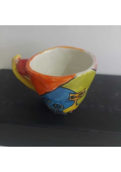 Küçük Kupa El Yapım Yükseklik 7cm Genişlik 10CM Kedili Rengarenk Seramik 1 Adet