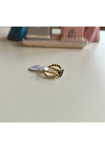 “zirkon Işıltısı ve Siyah Kalp” Ikili Geçmeli, Gold Renk, Paslanmaz Çelik Yüzük Seti – 18 Boyut modelleri