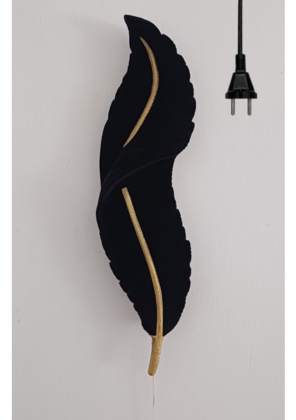 Tüy Aplik Ledli Kablolu Kadife Kaplama Gold Detayli Dekoratif Duvar Aydınlatma 60X16 cm