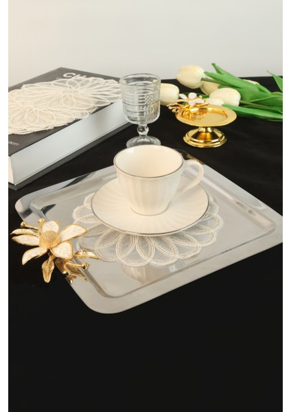 6 Adet Yelpaze Krem Gold Simli Bardak Altlığı & Kokteyl Peçetesi modelleri