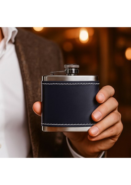5 OZ-150 cc Hunili Lacivert Premium Deri Kılıf Çelik Viski Matarası Babalar Günü