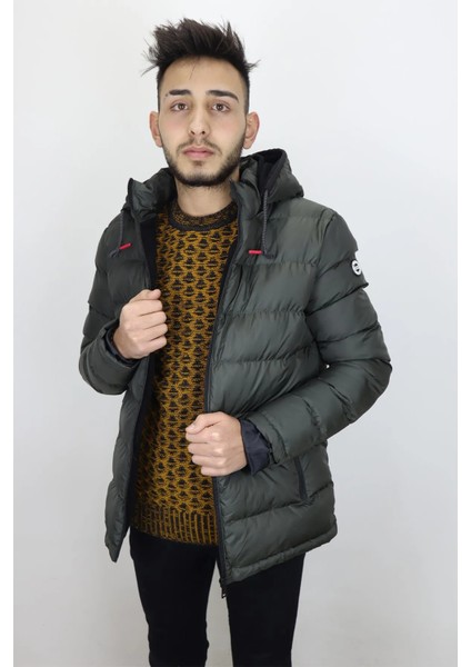 Fistan Store Erkek Hakim Yaka Spor Kesim Rahat Kalıp Kapüşonlu Fermuarlı Kışlık Mont