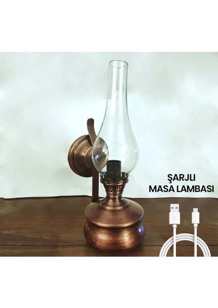 Şarjlı Bakır Eskitme Gaz Lambası Masa Aydınlatması ve Aplik Aydınlatma