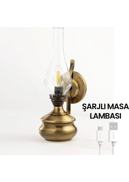 Şarjlı Bronz Eskitme Gaz Lambası Masa Aydınlatması ve Aplik Aydınlatma