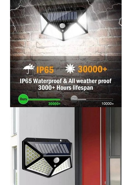 2 Adet Solar Güneş Enerjili Hareket Sensörlü Duvar Lambası Bahçe Lambası 100 Ledli Su Geçirmez