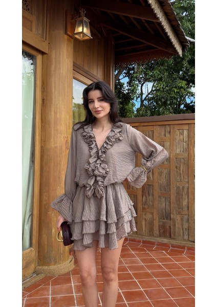 Yaka Volanlı Güllü Vizon Elbise fırsatları