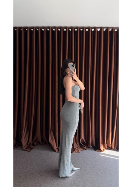 Simli Likralı Gümüş Straplez Elbise fiyatları