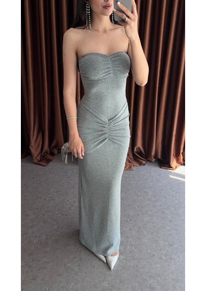 Simli Likralı Gümüş Straplez Elbise modelleri