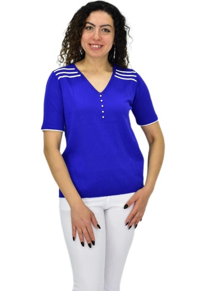 Kadın Yarım Kol V Yaka Taşlı Triko Tişöt 12857 BGL-ST04656