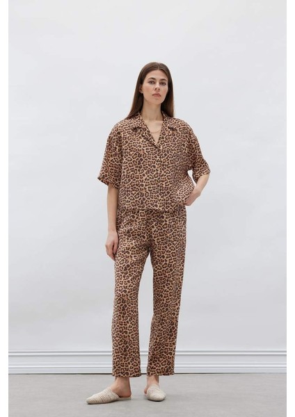 Yeni Sezon Carrot Fit Leopar Desenli Modal Kumaş Pantolon Çift Cepli Yüksek Bel Düz Paça fiyatları