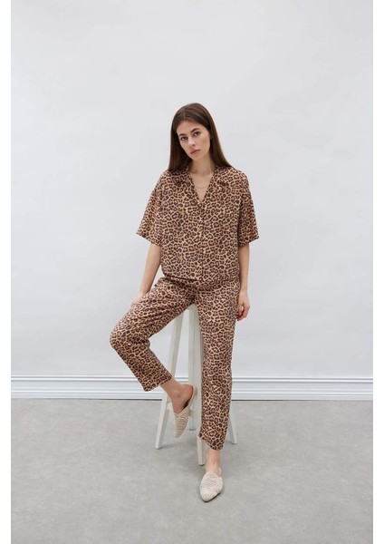 Yeni Sezon Carrot Fit Leopar Desenli Modal Kumaş Pantolon Çift Cepli Yüksek Bel Düz Paça modelleri