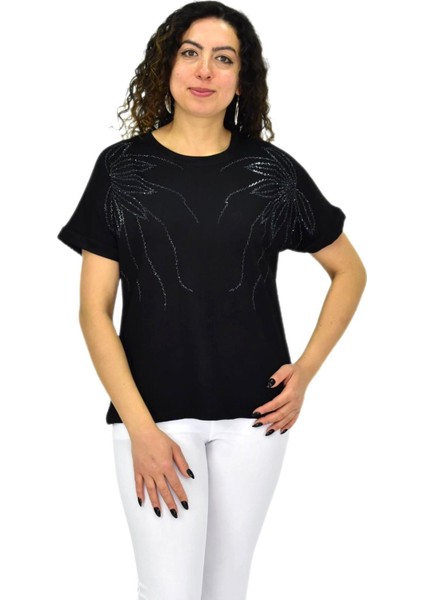 Kadın Yarım Kol Sıfıryaka Taşlı Likralı Tişöt BGL-ST04655