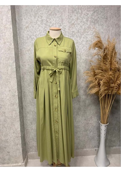 25Y5211 Elbise Ful Düğme Kapama Gömlek Yaka - Naqshe - 25Y5211 - Olive - 46