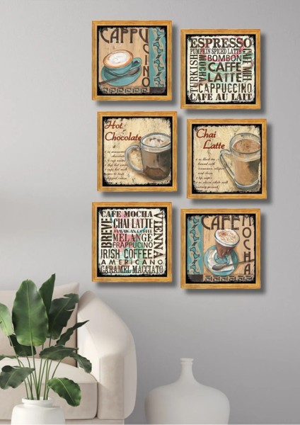6 Parça Çerçeve Görünümlü Kahve Köşesi Duvar Dekoru - Mutfak Konsepti Için 15X15 cm Tablo Seti