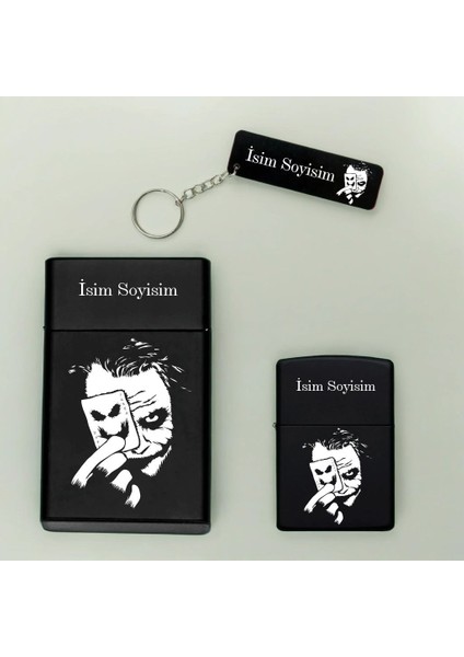 Joker Desenli Kişiye Özel Isimli Metal Sigara Kutusu, Benzinli Çakmak ve Anahtarlık Seti