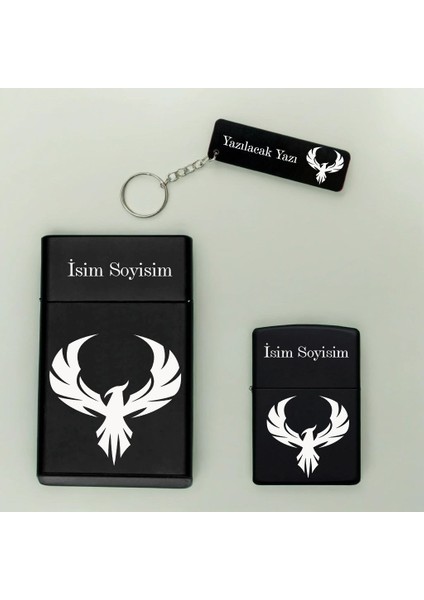 Anka Kuşu Desenli Kişiye Özel Isimli Metal Sigara Kutusu, Benzinli Çakmak ve Anahtarlık Seti