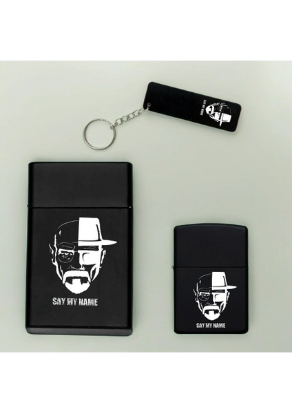 Breaking Bad Desenli Kişiye Özel Isimli Metal Sigara Kutusu, Benzinli Çakmak ve Anahtarlık Seti
