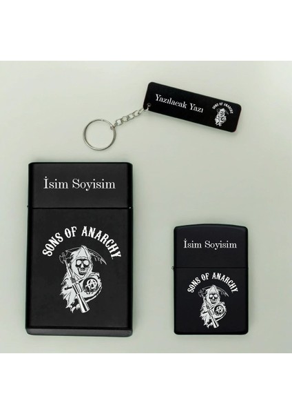 Sons Of Anarchy Desenli Kişiye Özel Isimli Metal Sigara Kutusu, Benzinli Çakmak ve Anahtarlık Seti