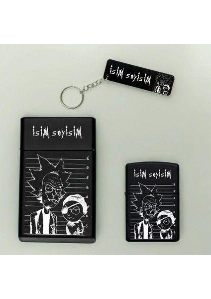 Rick And Morty Desenli Kişiye Özel Isimli Metal Sigara Kutusu, Benzinli Çakmak ve Anahtarlık Seti