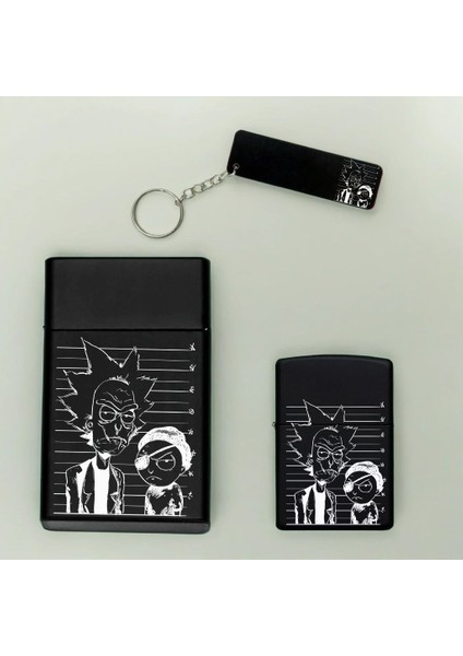 Rick And Morty Desenli Kişiye Özel Isimli Metal Sigara Kutusu, Benzinli Çakmak ve Anahtarlık Seti