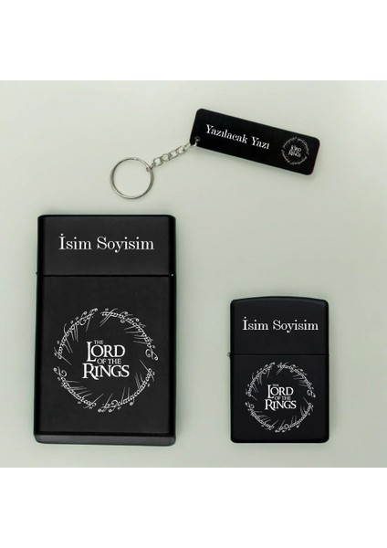Lord Of The Rings Desenli Kişiye Özel Isimli Sigara Kutusu, Benzinli Çakmak ve Anahtarlık Seti Lotr
