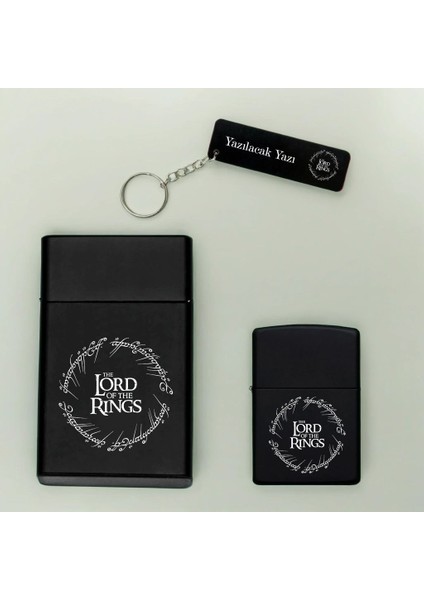 Lord Of The Rings Desenli Kişiye Özel Isimli Sigara Kutusu, Benzinli Çakmak ve Anahtarlık Seti Lotr