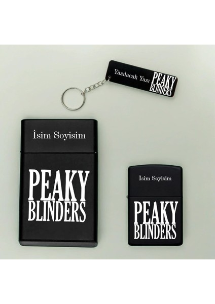 Peaky Blinders Desenli Kişiye Özel Isimli Metal Sigara Kutusu, Benzinli Çakmak ve Anahtarlık Seti