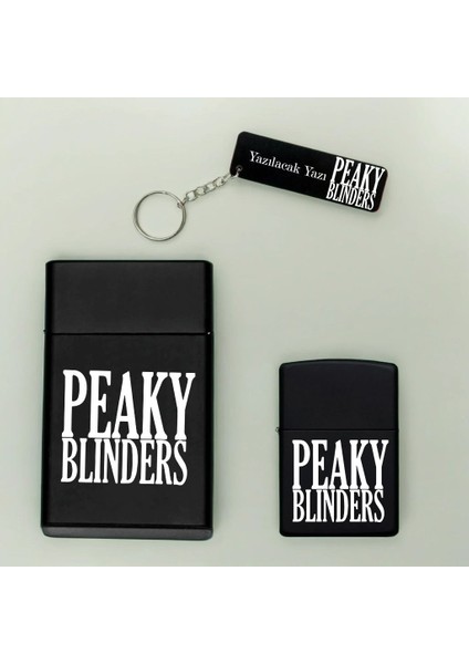 Peaky Blinders Desenli Kişiye Özel Isimli Metal Sigara Kutusu, Benzinli Çakmak ve Anahtarlık Seti